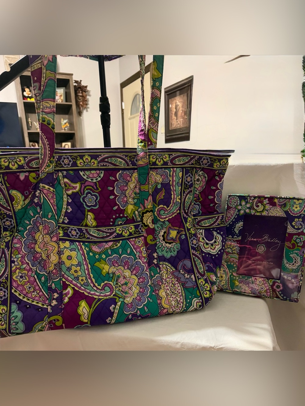 Vera Bradley Heather Purple Teal Paisley Quilted Extra LargeTote & Picture frame